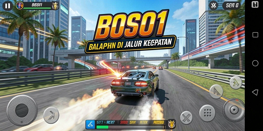 Tangkapan layar gameplay intens dari BOS01 yang menunjukkan balapan cepat.