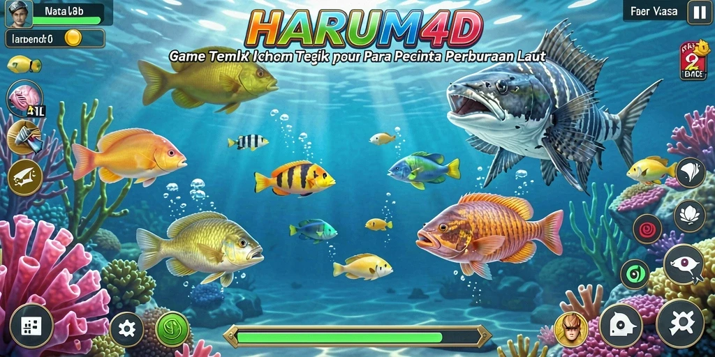 Screenshot gameplay HARUM4D menampilkan momen menembak ikan yang seru.