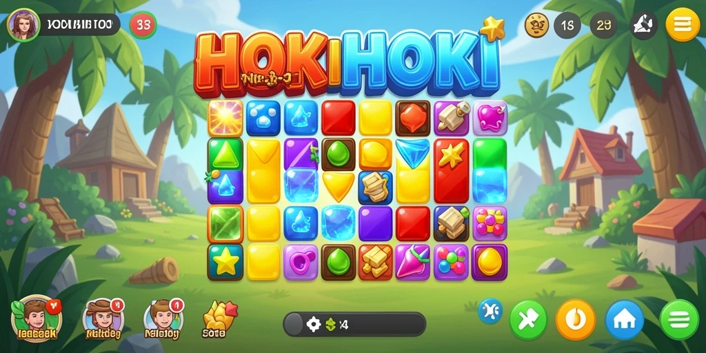 Tampilan gameplay seru HOKIHOKI dengan kombinasi warna-warni batu permata.