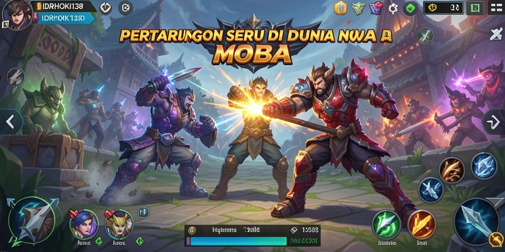 Screenshot permainan IDRHOKI138 menunjukkan aksi seru di arena MOBA.