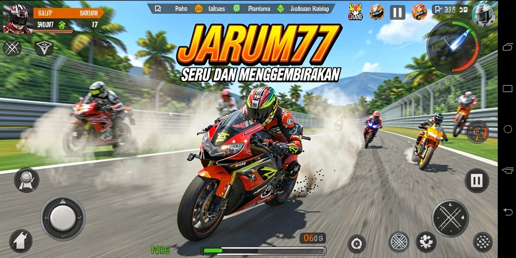 Tampilan gameplay JARUM77 dengan balapan motor yang penuh aksi.