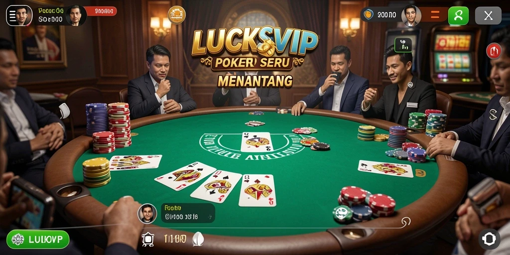 Tampilan gameplay seru LUCKSVIP dengan pemain yang bersaing di meja Poker.