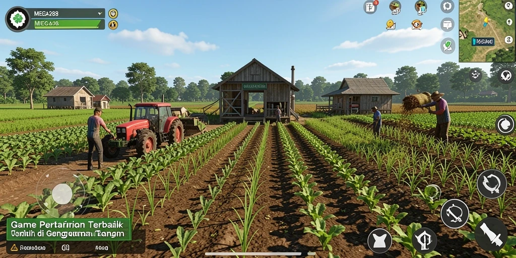 Screenshot gameplay MEGA288 menampilkan ladang yang subur dan hewan ternak.
