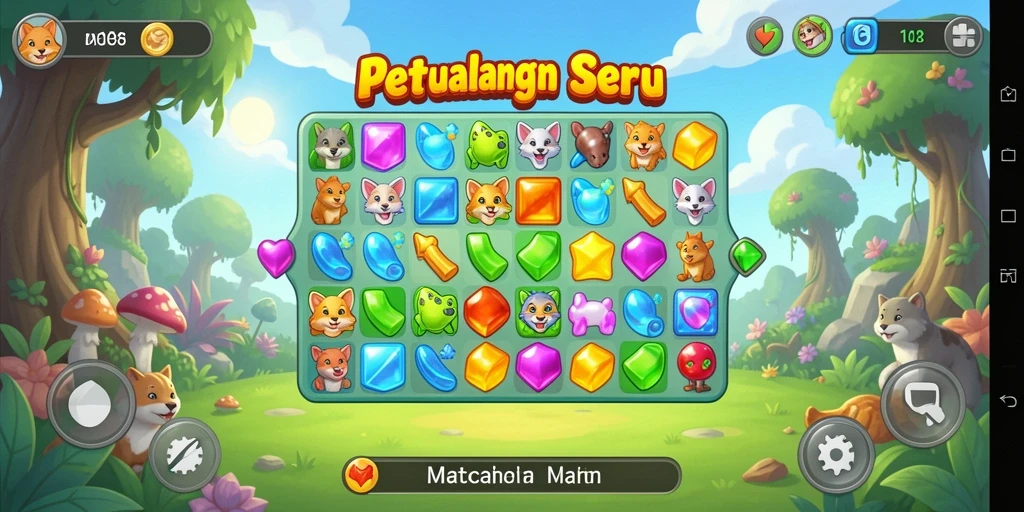 Screen utama MG108 menunjukkan gameplay Match-3 yang seru dan penuh warna.