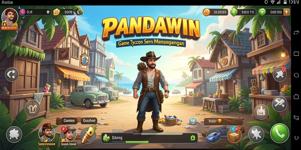 Screenshot utama gameplay PANDAWIN yang menampilkan manajemen bisnis yang menarik.